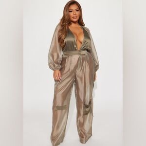 Fashion Nova Olive Sheer Jumpsuit